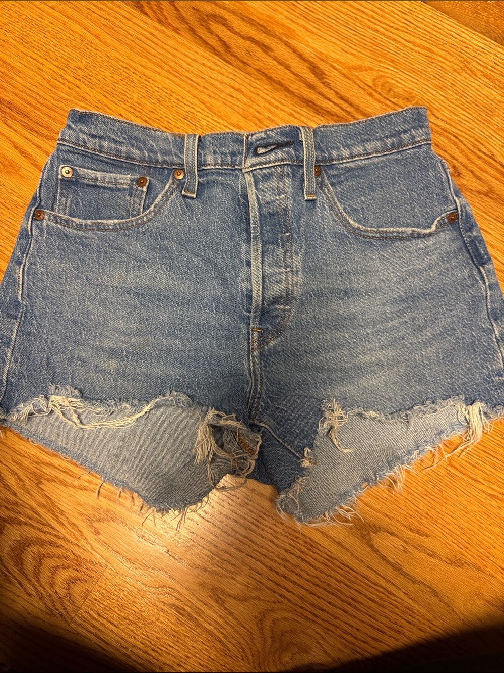 High-Rise Distressed Denim Cutoff Shorts - Light Blue